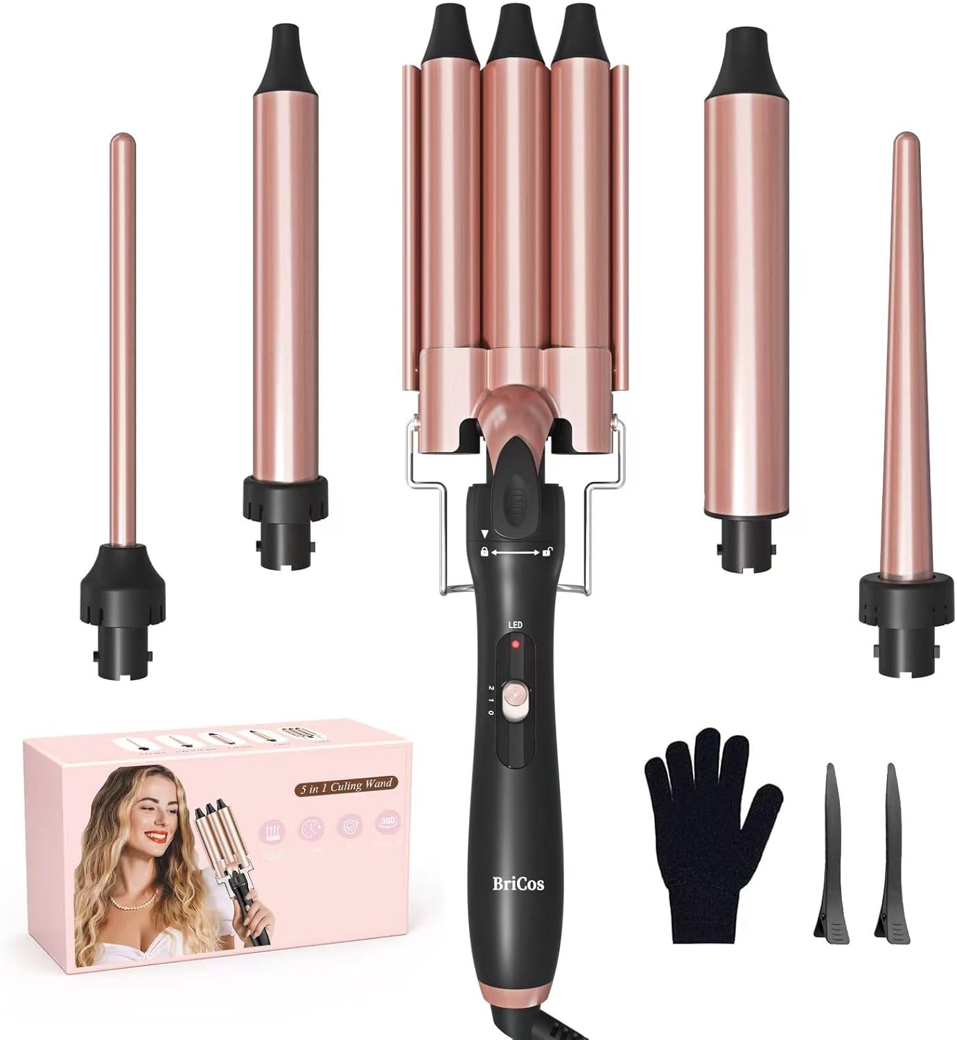 5 in 1 Curling Wand Set – Triple Barrel Hair Wavers and Interchangeable Ceramic Curler Wand, 30s Fast Heat-up for All Hair Types
