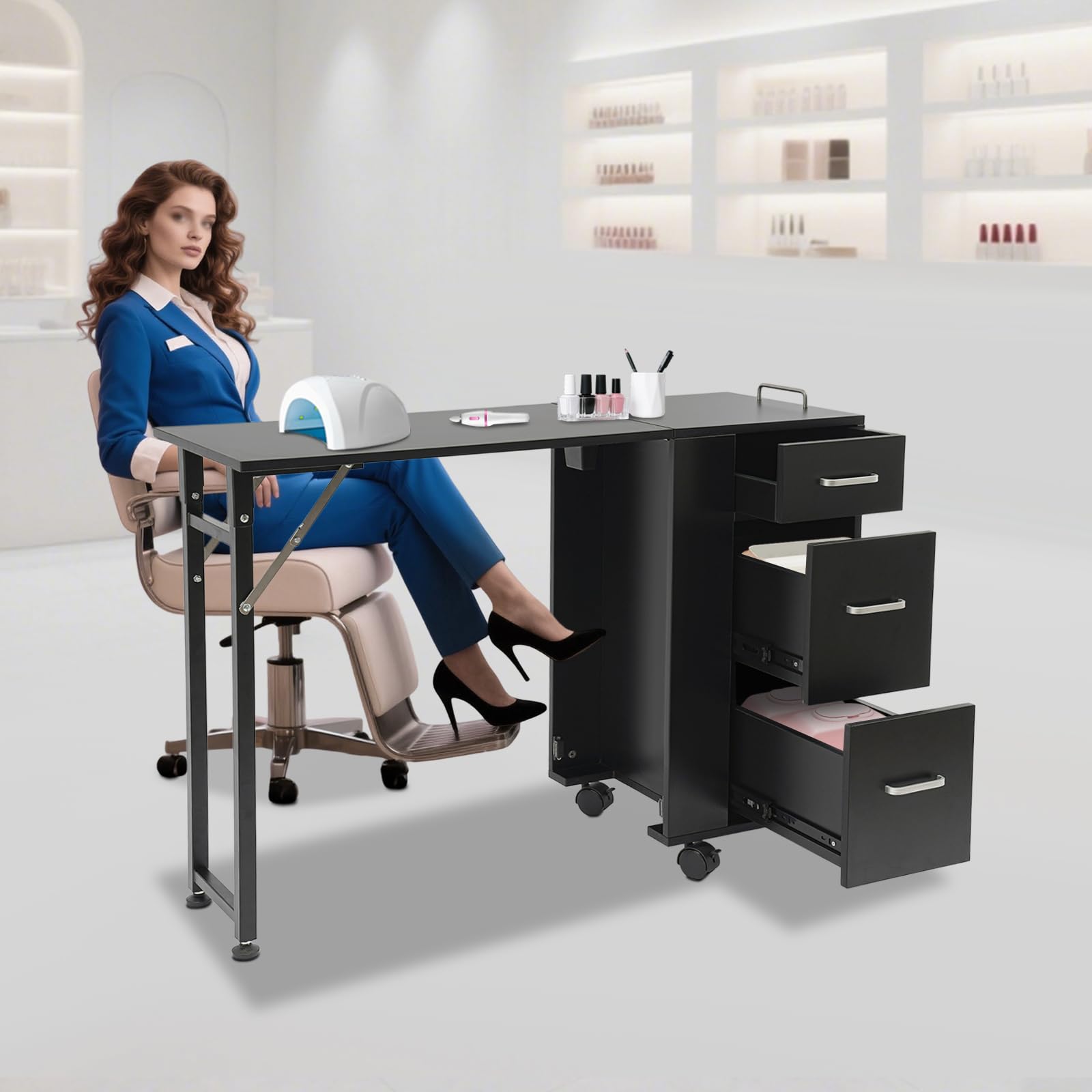 toczący się stół do manicure, składany mobilny stolik do manicure, walizka transportowa do makijażu z 3 szufladami, zwijany stół do manicure jako stolik do salonu paznokci, biurko (czarny)