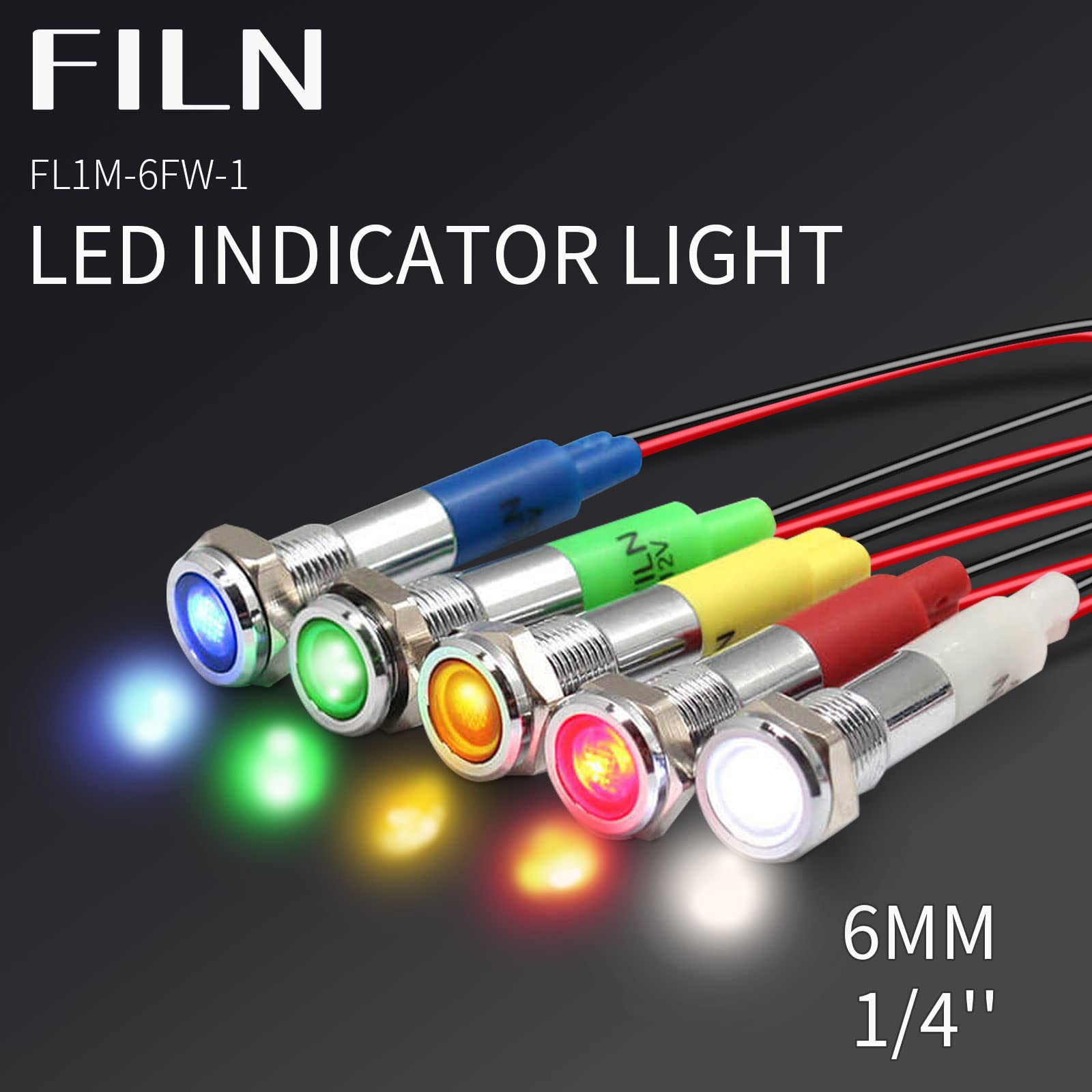 Set 5 Luci Led Spia 12V 16mm M16 - Indicatori Impermeabili IP65 Con Anello In Metallo (Blu, Verde, Rosso, Bianco, Giallo) Per Auto E Macchinari - 2