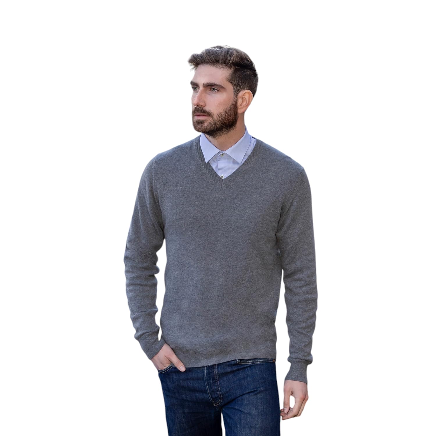 Men's V Neck mere Blend Silk Made in Italy Sweater Paricol Pullover Long Sleeve Merino Wool mere Sweater Beige Blue Grey Knit Winter Clothing Gift, iron grey, XXL