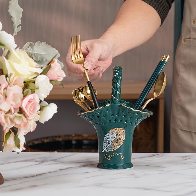 台所用品キャディ クリエイティブフラワーバスケット型 銀器ホルダー、くり抜いたセラミック食器キャディ、装飾キッチンカトラリー収納バス