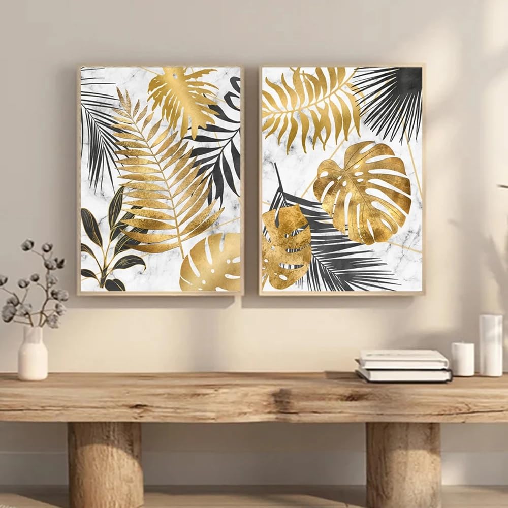 Póster abstracto de hoja de monstera tropical dorada, imágenes de naturaleza muerta, impresiones en lienzo para decoración de pared de sala de estar (20x30cmx2/marco interno)