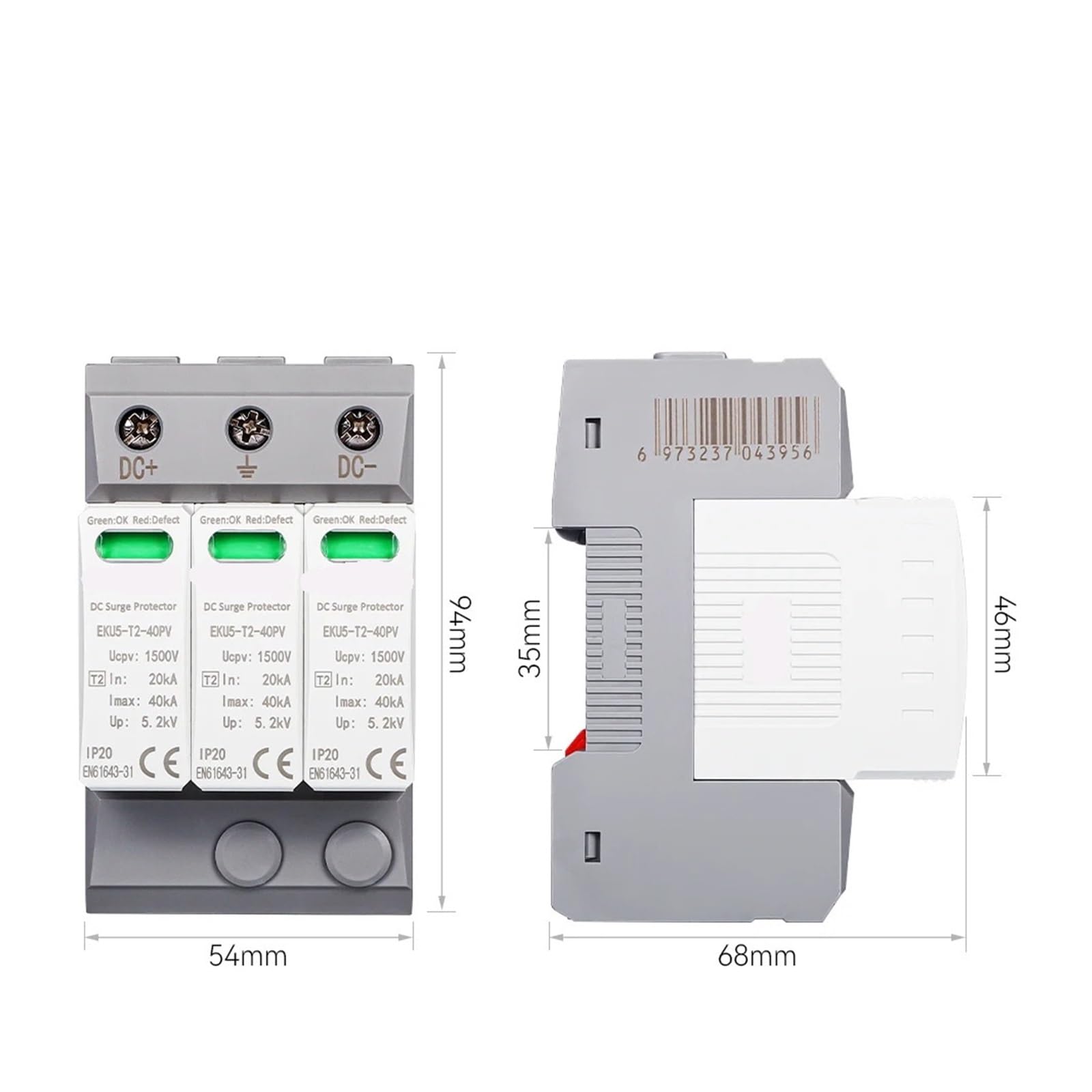 Protector contra sobretensiones y pararrayos Dispositivo de protección contra sobretensiones doméstico DC SPD 2P 3P 600 V 1000 V 1500 V Tipo PV 20-40KA Protector de baja tensión EKU5((T2) 3P 1000V DC)