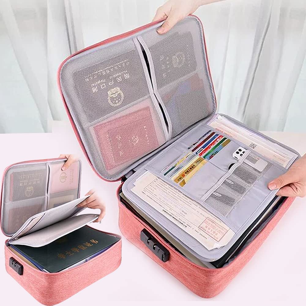 Agility Document Bag,Waterproof Oxford A4 Size 3-Layer Credential Bag, File Pocket with Safe Code Lock, Travel Bag with Separators (Pink)
