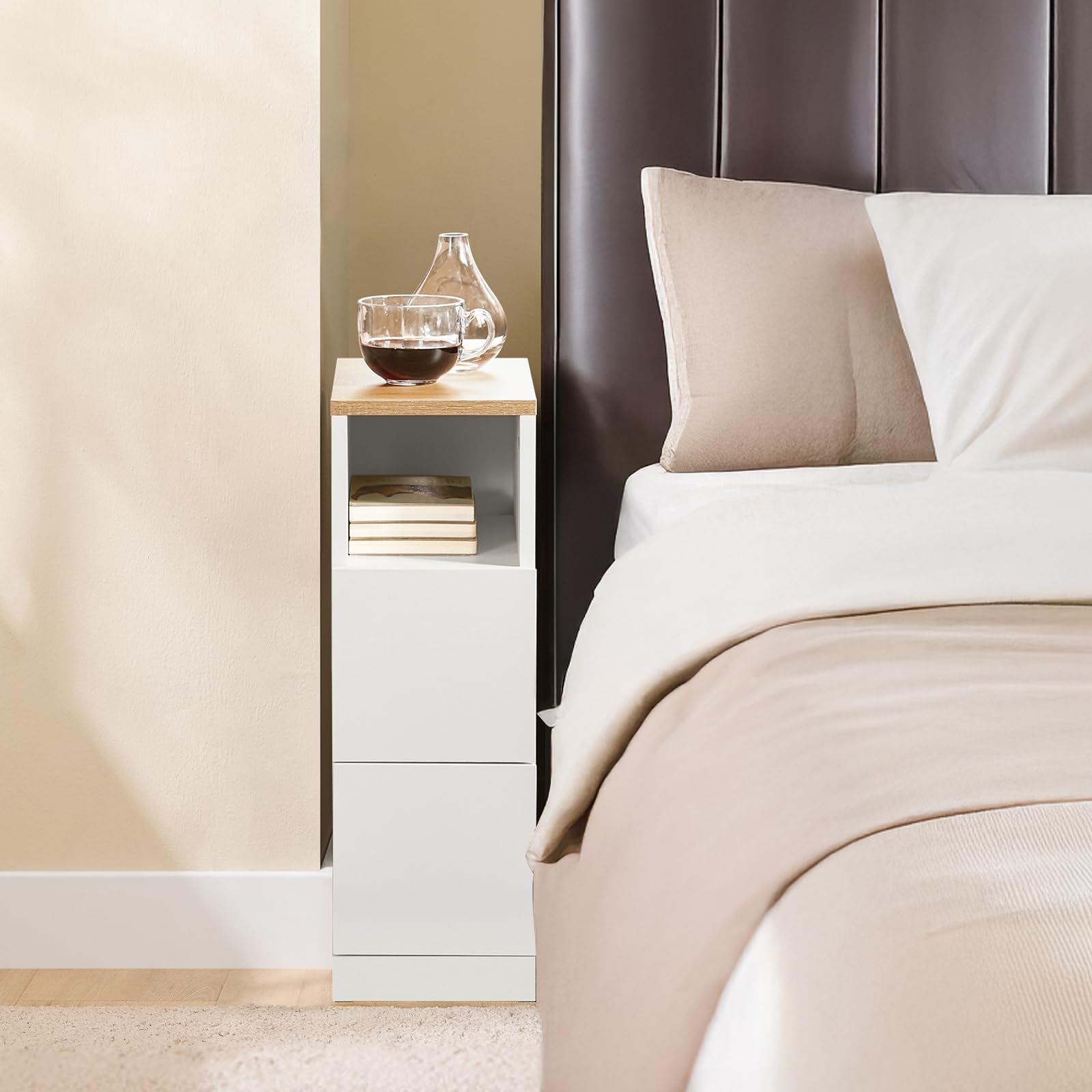 SoBuy comodino camera da letto stretto 20 cm, 2 cassetti tavolino da letto & tavolino salotto, salvaspazio per spazi stretti, ideale per inquilini e letto a molle, bianco, 20x35x60 cm, FBT149-WN