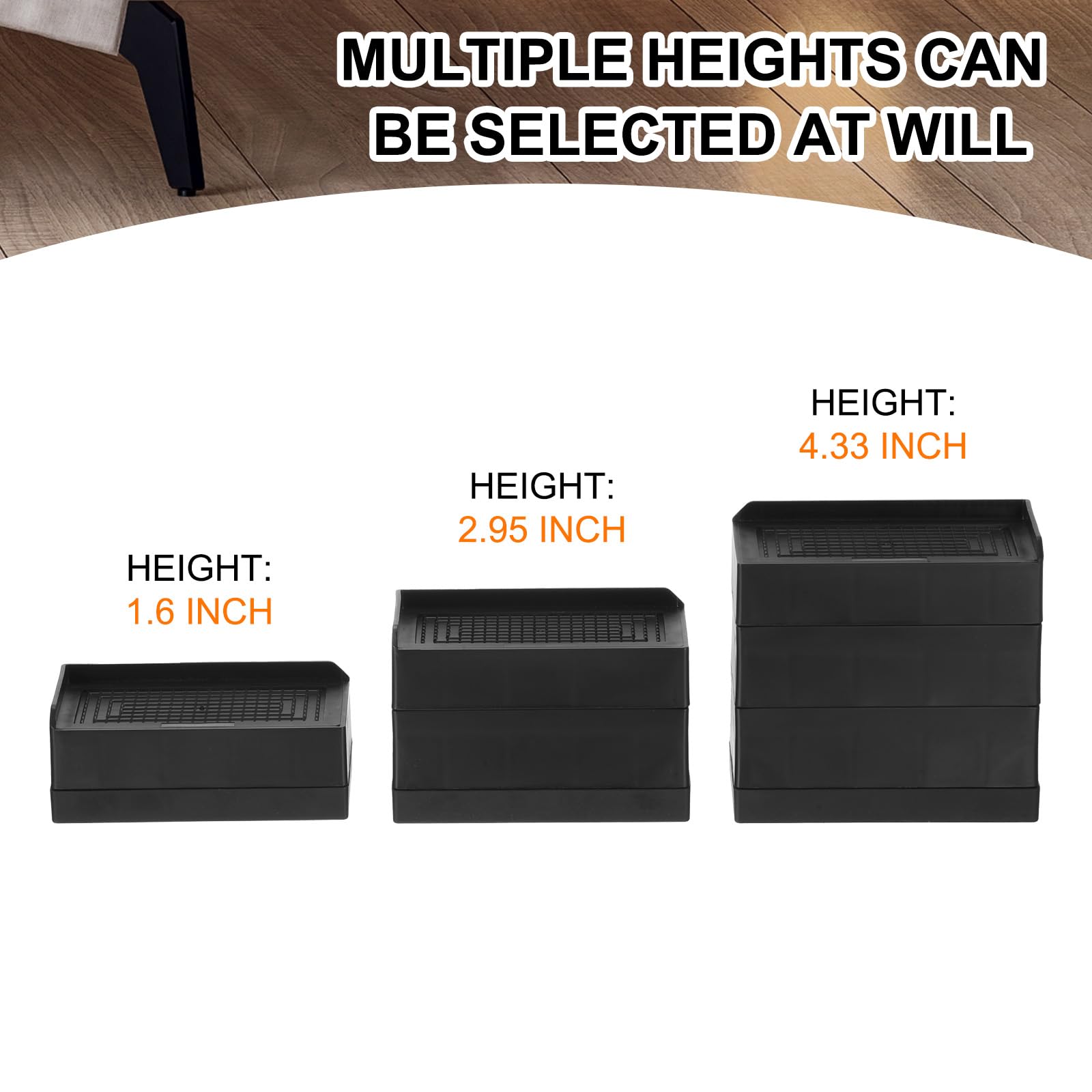 uxcell Paquete de 4 elevadores de cama rectangulares, 4.33 pulgadas, borde en L, resistentes, ajustables, para cama, sofá, mesa y elevador de sofá (negro)