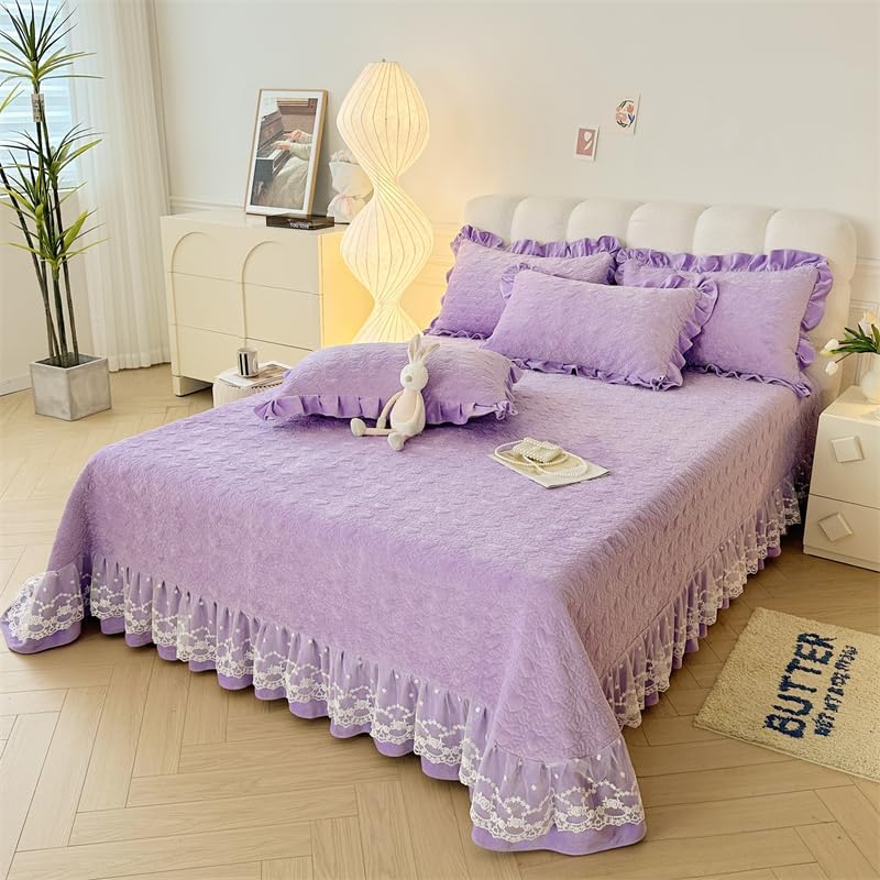 Miniatura 2 de Colcha de forro polar de terciopelo con volantes de encaje ligero acolchado con corazón, solo para cama de invierno, Queen, lila