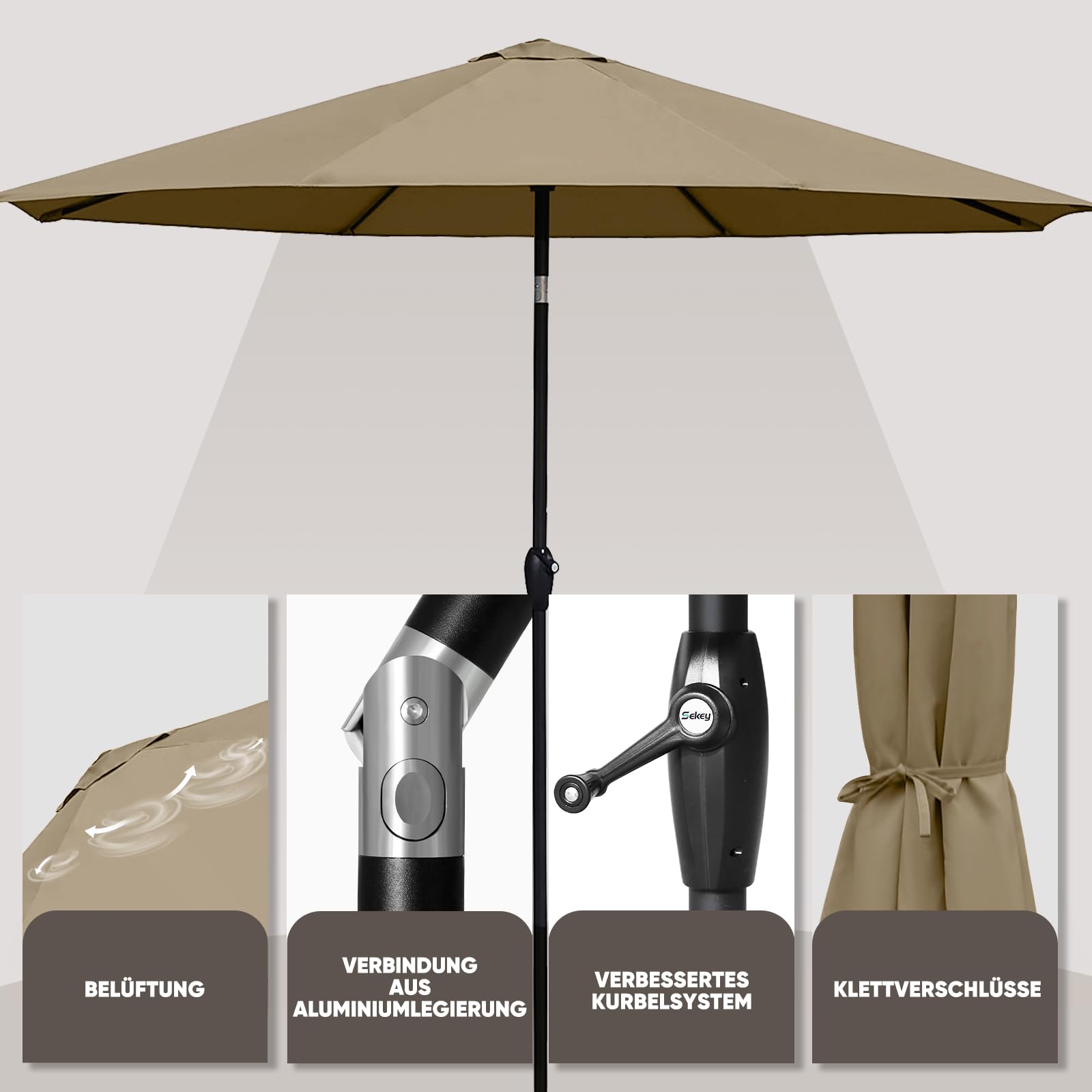 Sekey Alu Sonnenschirm 330 cm mit Kurbel, Wasserabweisend Gartensonnenschirm mit UV50+ Schutz– für Garten, Balkon & Terrasse, Taupe