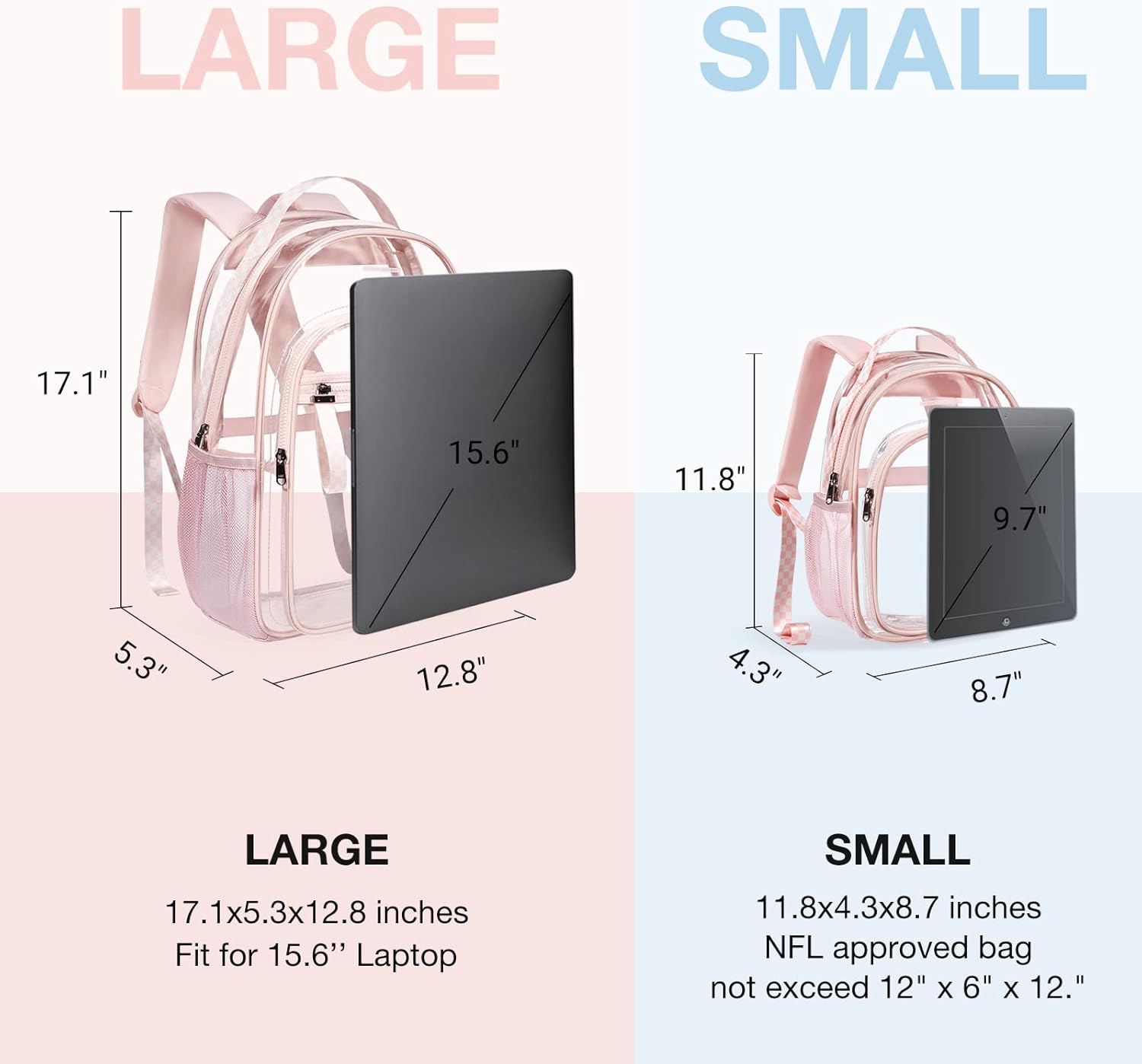 LIGHT FLIGHT Large Clear Backpack with Reinforced Padded Straps Heavy Duty PVC Transparent Backpack See Through Bookbags for Work, Travel, Pink
