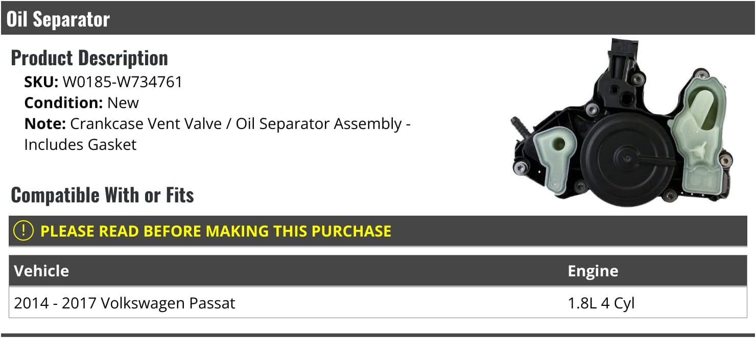 Crankcase Vent Valve, Separator Assembly - Compatible with 2014-2017 Volkswagen Passat 1.8L 4-Cylinder