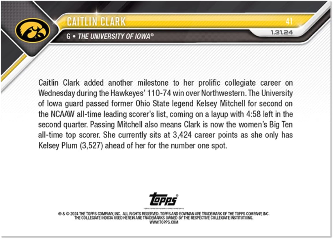 2023-24 Bowman U Now Caitlin Clark #41 -Moves to 2nd All-Time in NCAAW Scoring History - 1/31/24 - NCAA Women’s Basketball Trading Card- University of Iowa Lady Hawkeyes. Card Shipped in Protective Screwdown Holder.