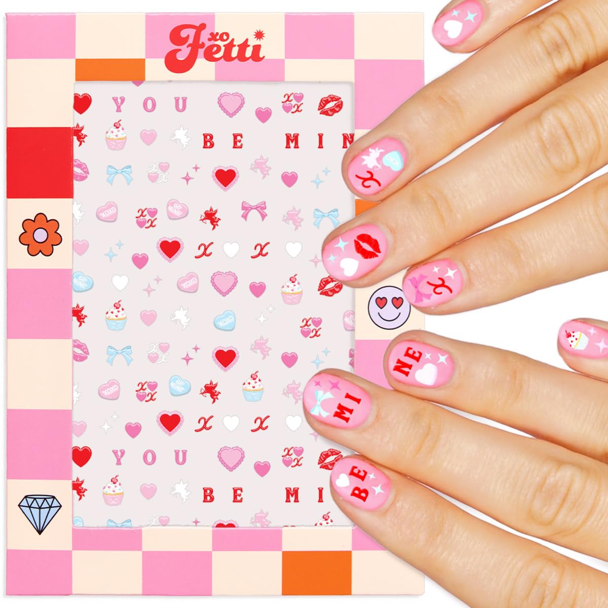 xo, Fetti Be Mine Nail Stickers | Valentine Gift, Pink, Cute Nail Art, Candy Heart Decals, Cupid Stickers
