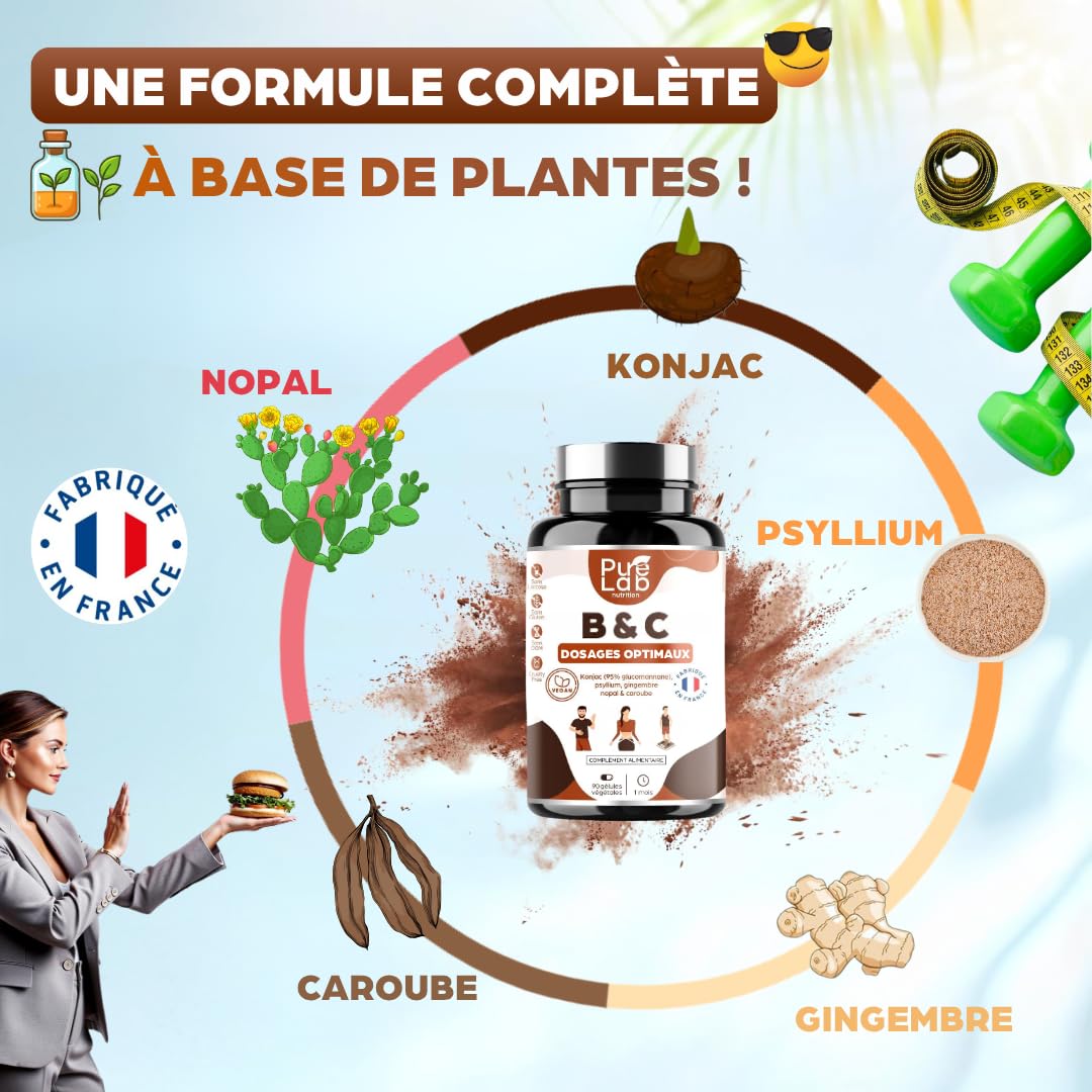 Konjac (95% Glucomannane) - 100% Plantes & Fibres - Homme Femme - 90 gélules Vegan - Fabriqué en France