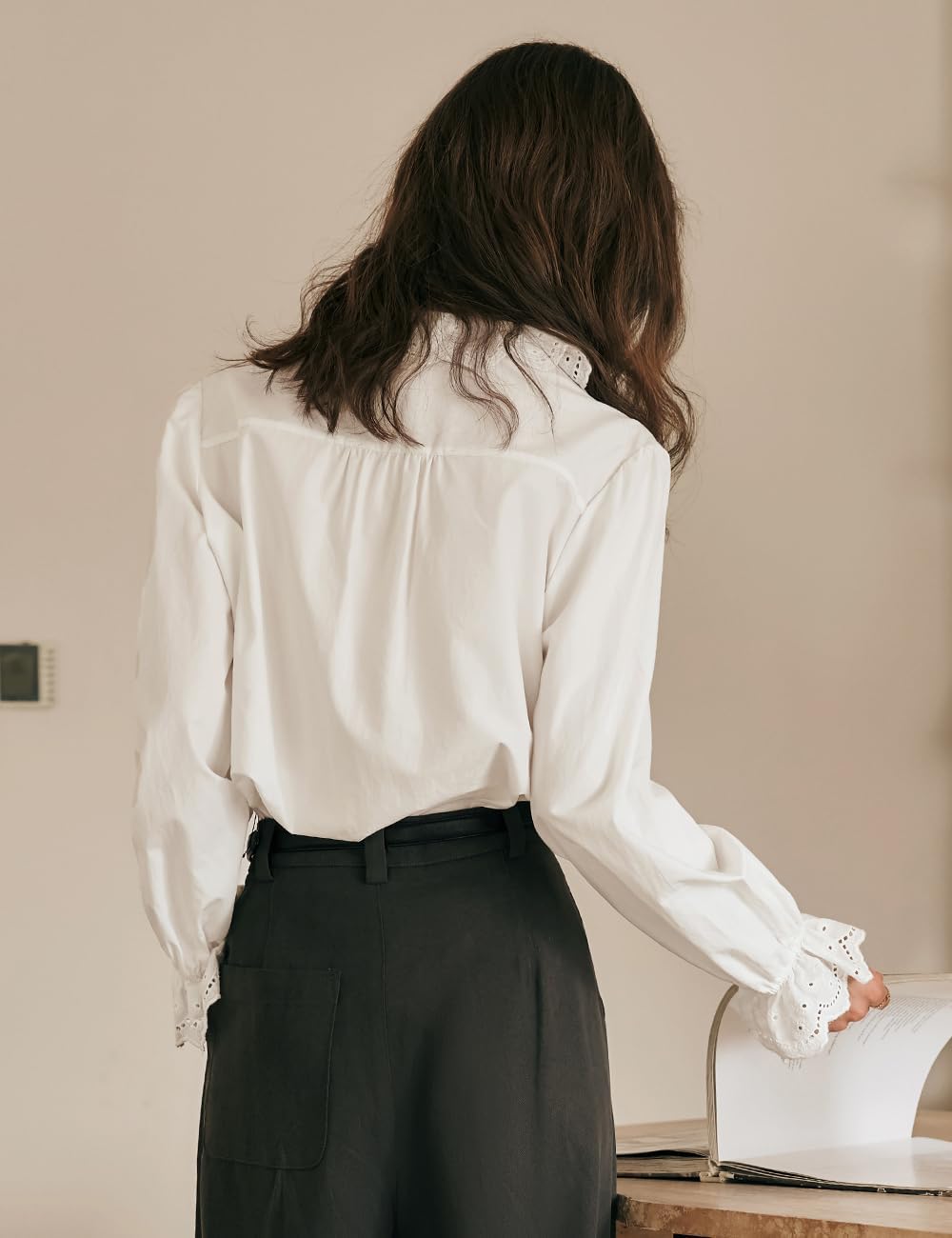 Women's White Eyelet Lace Ruffle V-Neck Blouse, Bohemian Style Long Sleeve Button Closure Elastic Cuff Shirt Top - Image 2