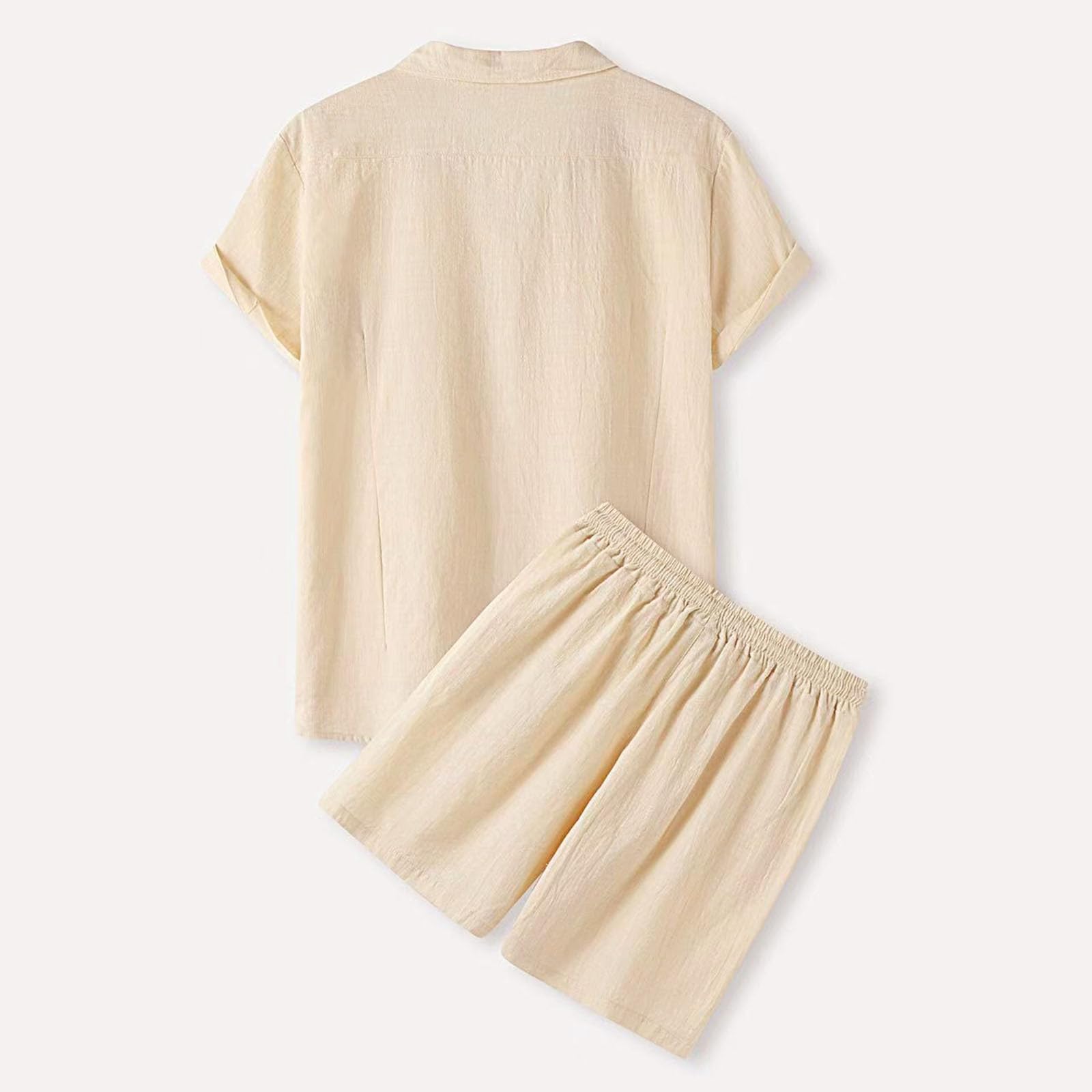 Generisch Leinen Set Herren Sommer Kurz Baumwolle Zweiteiler Leinenhemd und Shorts Freizeitanzug Einfarbig 2 Teiliges Kurzarm Button-Up Revers Hemd und Kurze Hose Leinen Anzug für Strand Urlaub