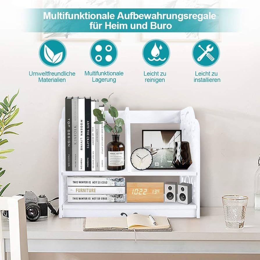 Desk Hutch, Desktop Bookshelf With 5 Shelves, Wood Desk Shelf For Computer, 3-Tier Desktop Bookshelf Organizer For Home Office Dorm, White