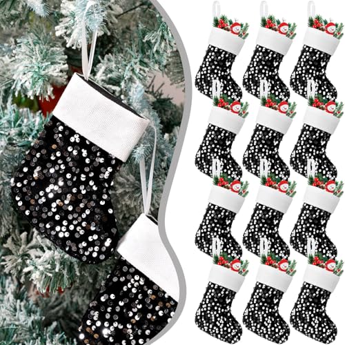 MiniInflat 12 Pcs Mini Christmas Stocking 8.3 Inch Glitter Sequin Silver Black Xmas Hanging Stockings Black and White Stockings for Christmas Fireplace Family Holiday Party Favor Decorations