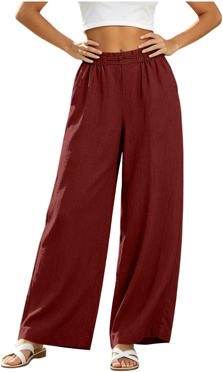 Wide Leg Linen Pants for Women Summer Drawstring Elastic Waist Flowy Lounge Pant Loose Fit Dressy Trousers with Pocket