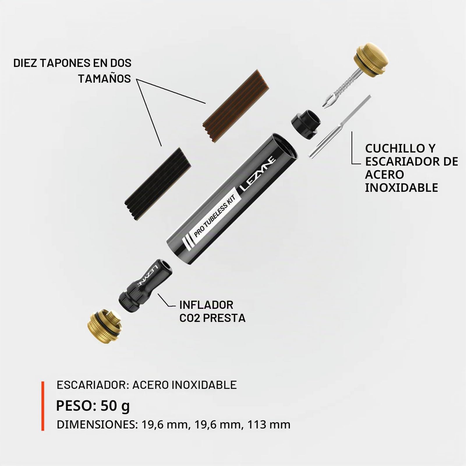 LEZYNE Pro Kit de reparación de neumáticos de bicicleta sin cámara, sistema de reparación de neumáticos todo en uno para neumáticos sin cámara, carretera, grava, MTB, agujeros de sellado, múltiples tamaños de tapones de neumáticos, herramienta de inserció