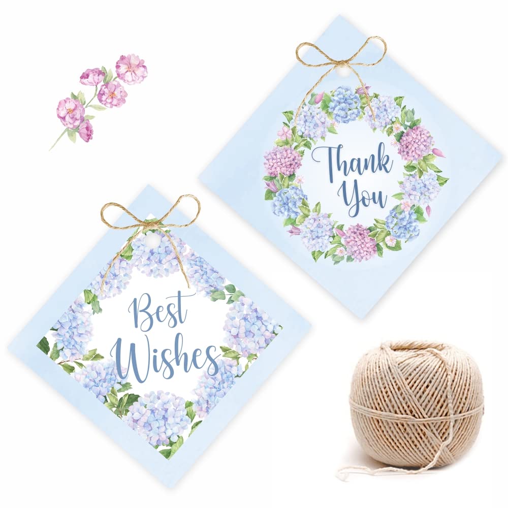 Pack of 100 Gift Tags. 50 Best Wishes. 50 Thank You. Beautiful Blue Hydrangea Floral Design. With Jute String for attaching to Gift Box, Cake Box.