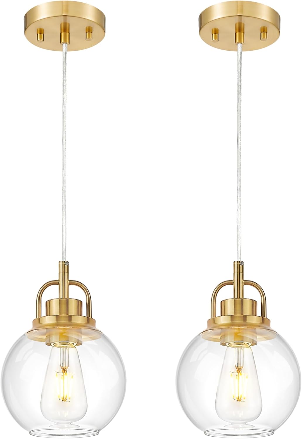 2 Pack Pendant Lights Kitchen Island, 7" Brushed Gold Pendant Light Fixtures Over Island with Globe Clear Glass Shade, Brass Hanging Lights for Dining Room Entryway, PL125-BG-2PK