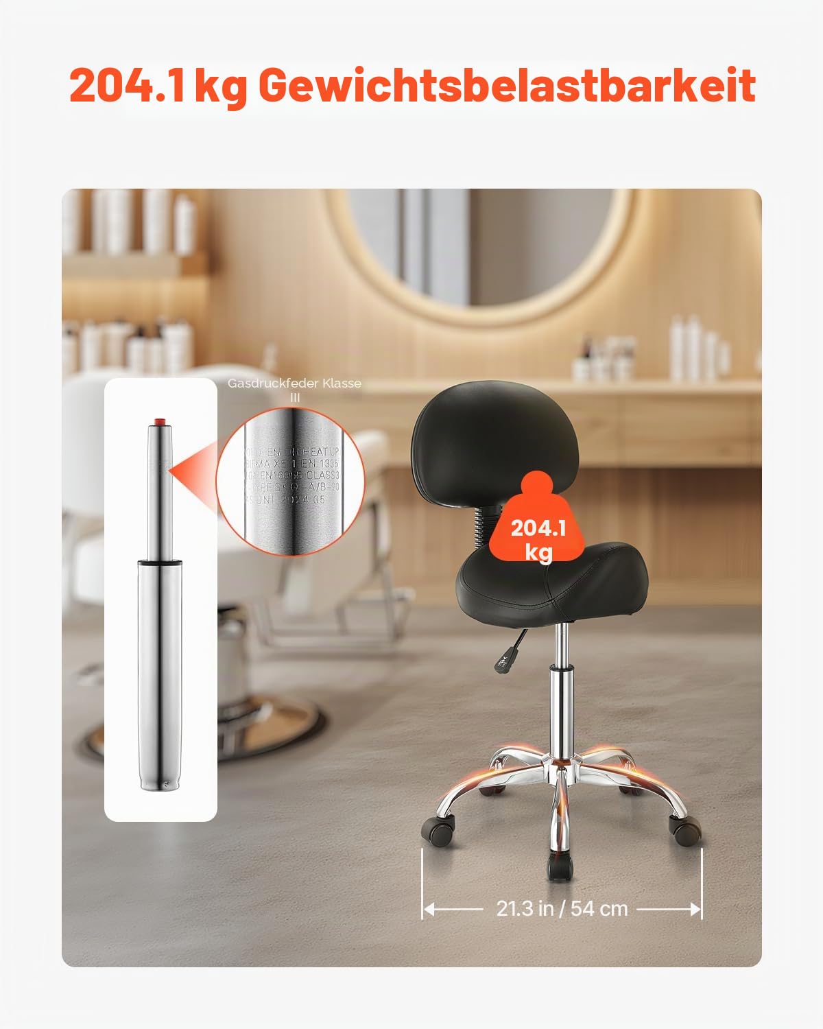 VEVOR Sattelhocker Rollhocker 204 kg belastbarer höhenverstellbarer Drehhocker mit Rückenlehne PU-Leder für Salon Spa Massage