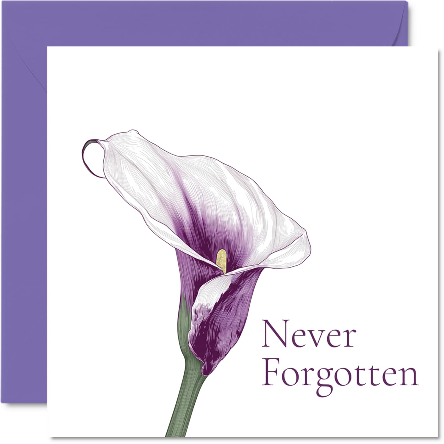 Sympathy Card - Elegantly Illustrated Calla Lily - Purple and White Motif with 'Never Forgotten' Script - 145mm Square, Envelope Included