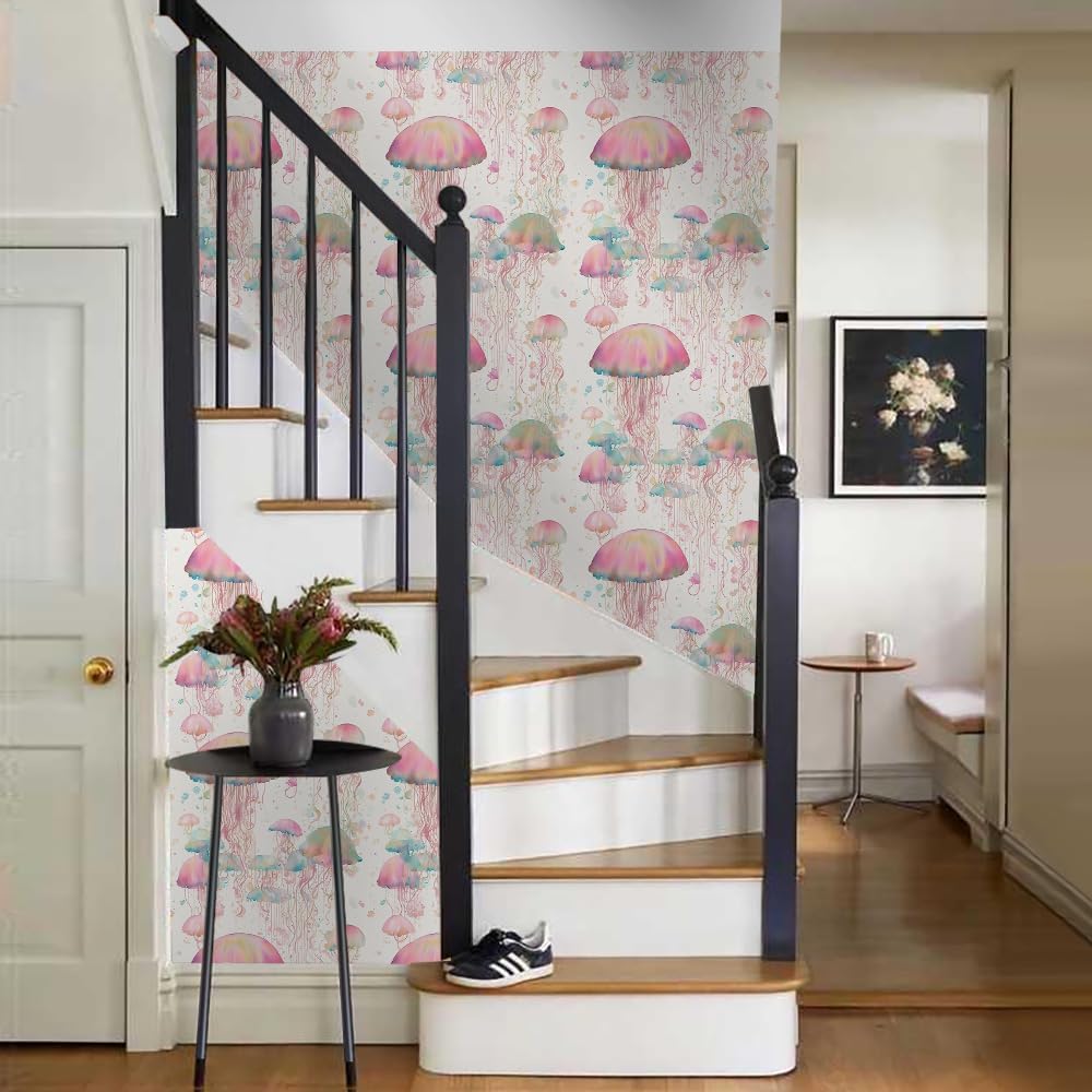 18"x236" Fantasy Pink Celestial Fairytale Jellyfishs Peel and Stick Self Adhesive Wallpaper Removable Contact Paper Stick on Easy Peel Off Wall Paper for Kitchen Bedroom Bathroom Renter