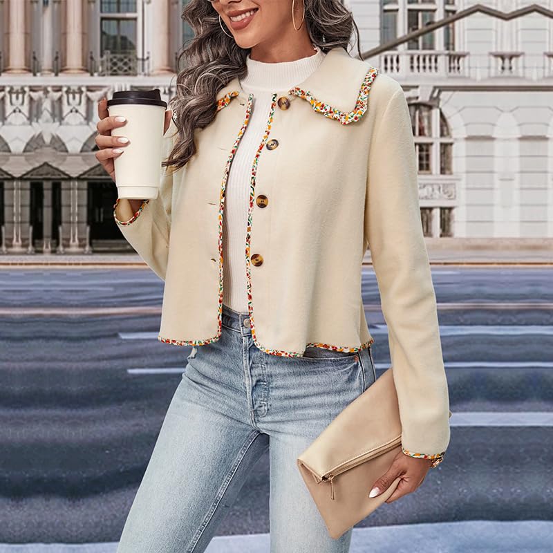 Womens Fleece Cropped Jacket Coat Button Long Sleeve Doll Collar Floral Trim Lightweight Shacket Outerwear3