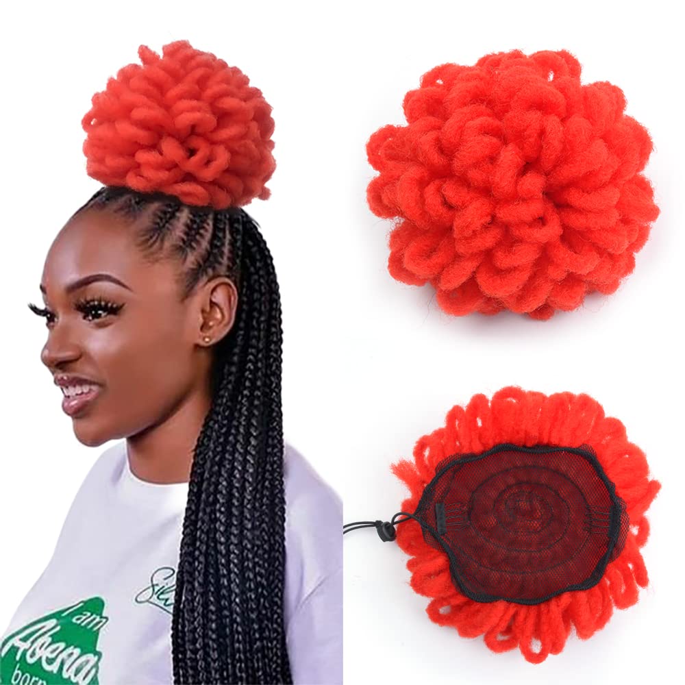 Yinmei Baibian Loc Ponytail Drawstring Petal Bun Red Afro Dreadlock Buns Pony Tail Curly Puff Braid Ponytails for Black Women Faux Locs Braided Bun(