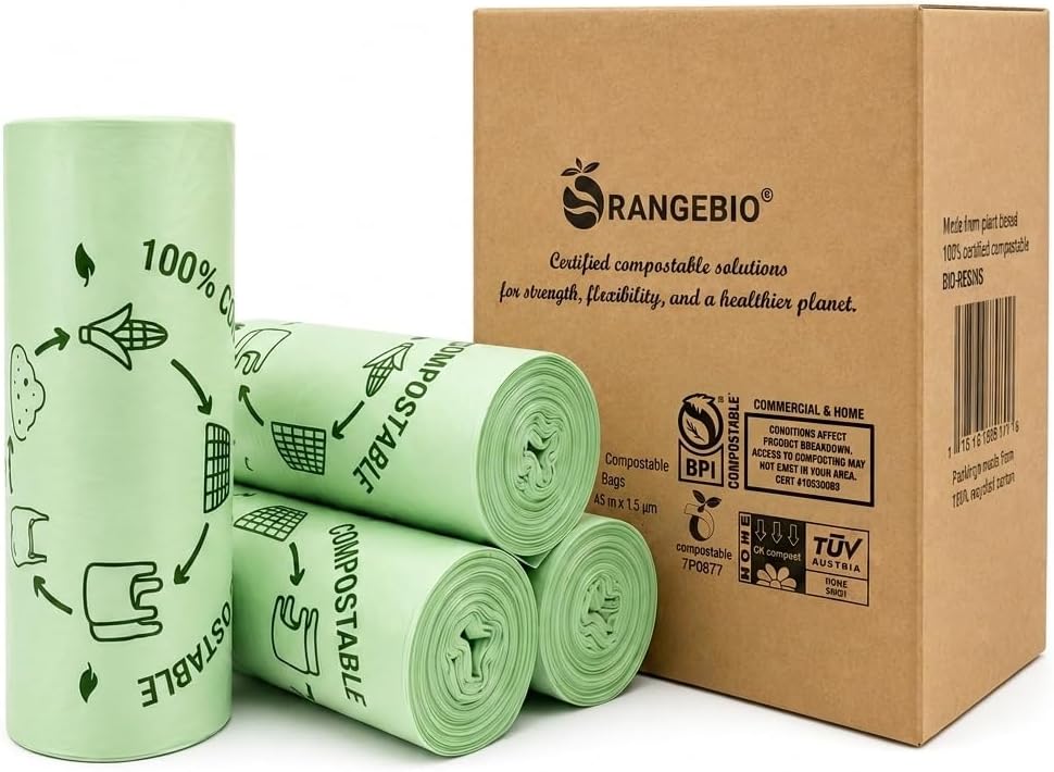 OrangeBio 55 Gallon Compostable Trash Bags, 60 Count, BPI Home Certified