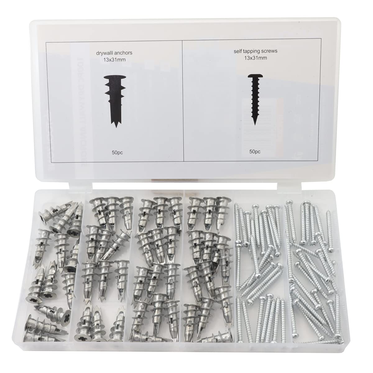 Toolzone Plasterboard Fixings Set, 100 Piece Drywall Anchors Size 13 X 31Mm (Includes 50 Anchors & 50 Screws)