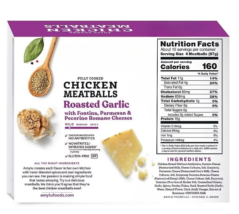 Roasted Garlic with Fontina, Parmesan & Pecorino Romano Cheese Chicken Meatballs , These meatballs are the perfect complement to your dinner menu. These meatballs always include all the right ingredients and are only made with real food that are always all natural, antibiotic and gluten free. They are pre-cooked, and offer a quick and convenient protein source the whole family will love. [ 32 oz , 2 pound ]