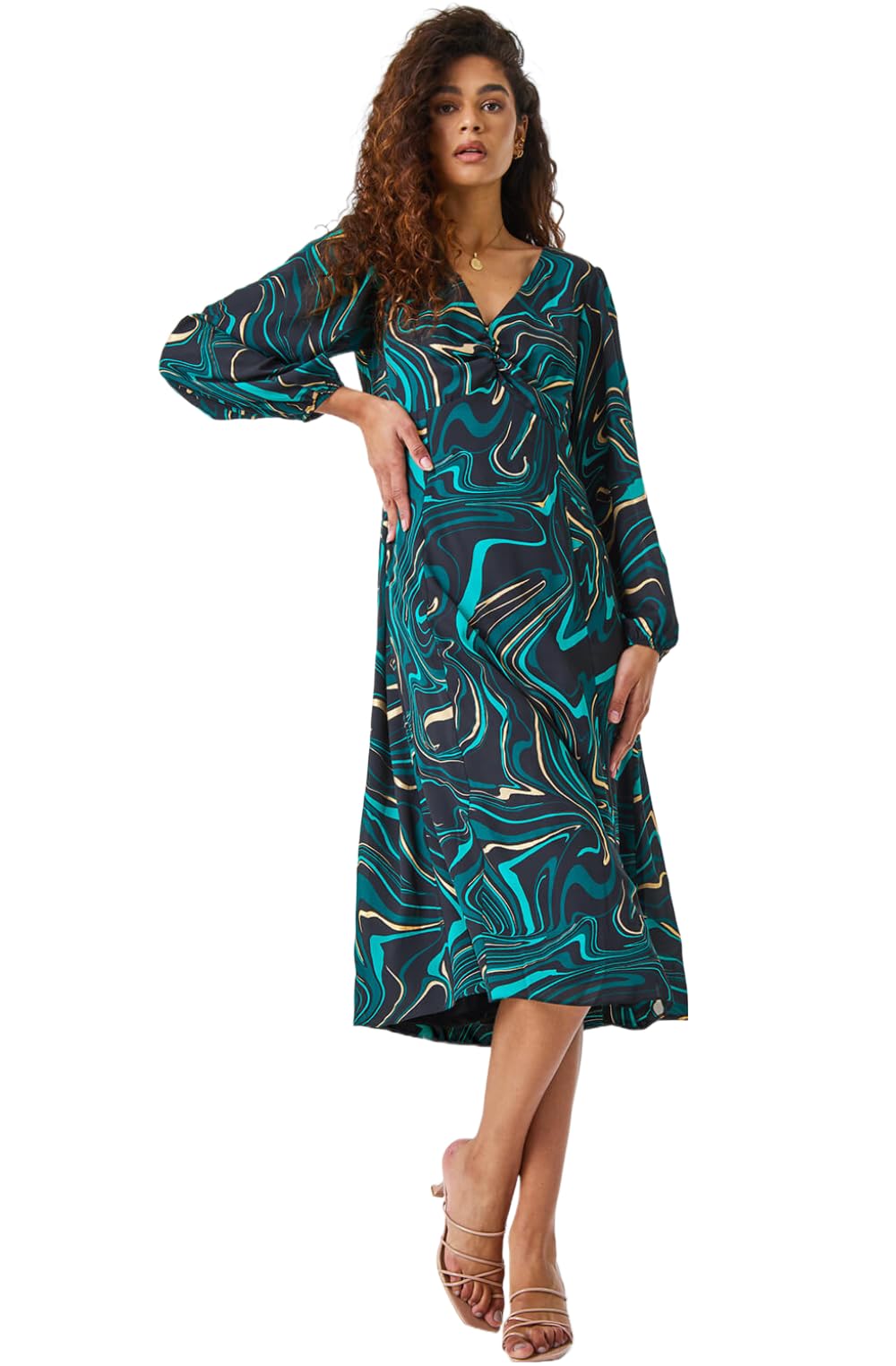 Roman Originals Women's Marble Green Tea Dress For Uk Skater Swing Fit & Flare Flattering Summer Knee Length Frill Hem Ruched Chest Casual Smart Cocktail Party Going Out - Size 12