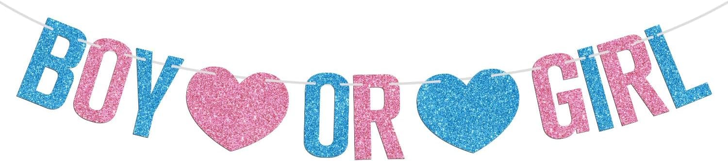Boy or Girl Banner, Baby He or She Bunting Sign, Gender Reveal/Birthday/Pregnancy Announcement/Baby Shower Party Decorations Supplies for Kids Boys Girls, Blue and Pink Glitter (Style-3)