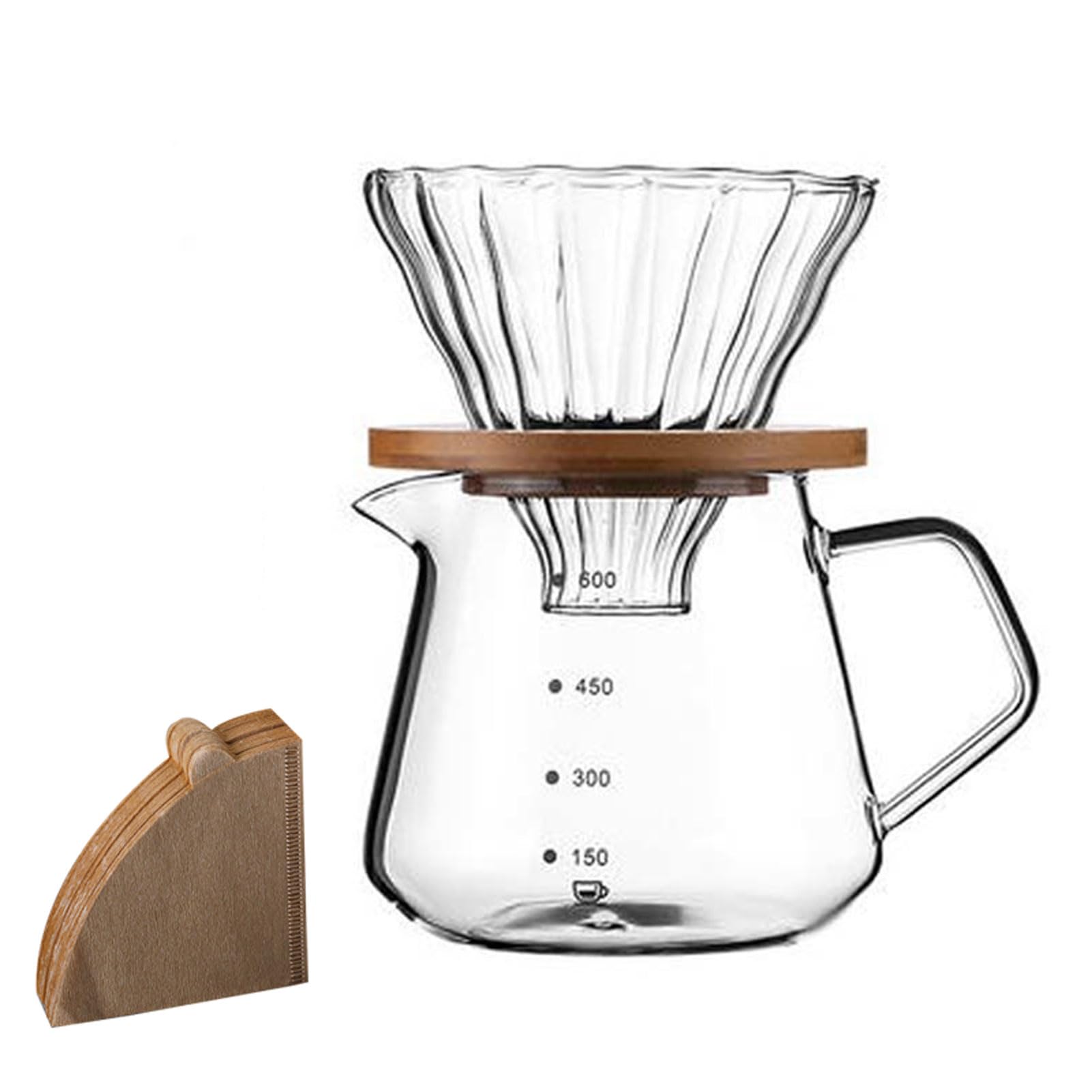Ebbels Pour Over Coffee Maker Set, Manual Glass Coffee Filter, Borosilicate Glass Dripper Coffee Server With 100Pcs Paper Filters, Drip Coffee Maker Set For Home Or Office (600Ml)