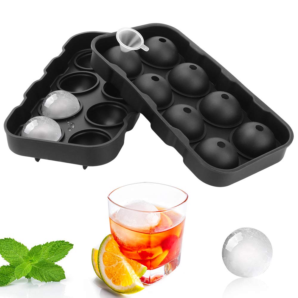 IKOKY 8 Cavitys Ice Cube Mold in Black, with Funnel, Ice Ball Tray, Silicone