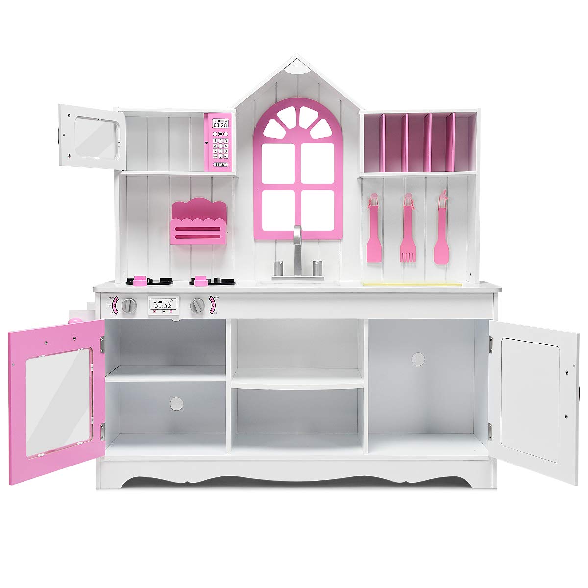 RELAX4LIFE Cucina Legno per Bambini, Cucina Giocattolo con Forno, Microonde e Fornelli, Mini Cucina, Giocattolo Educativo per Bambini 3+ Anni (Modello 1)