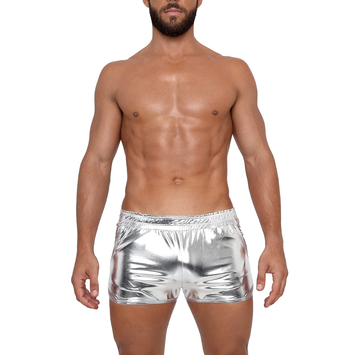 Gary Majdell SportMen's Liquid Metallic Active Quick Dry Shorts with Pockets for Gym or Club Wear, Liquid Silver, Small