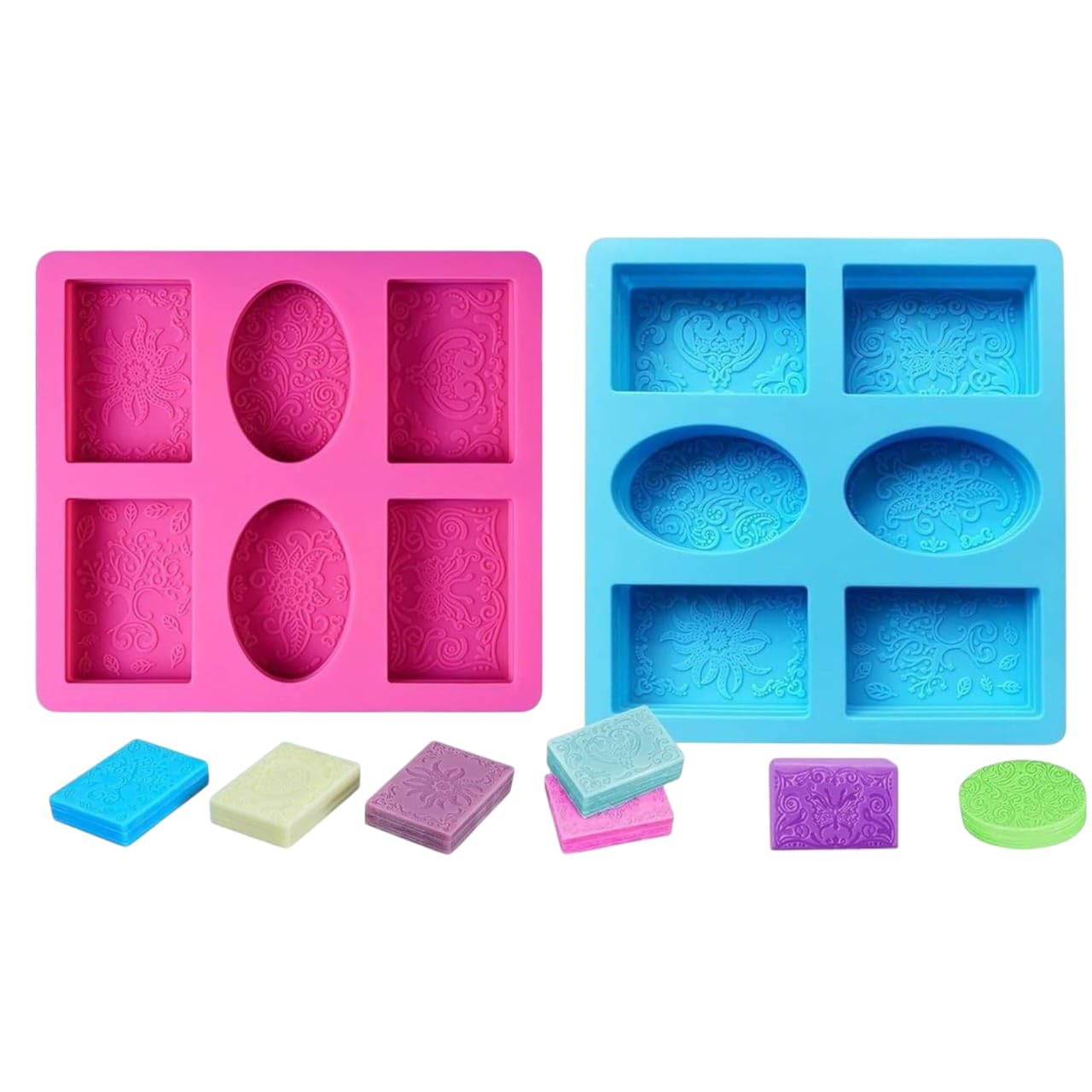 Silicone Soap Mold | Multicolor 6 Cavity Rectangle,Oval Shape Soap Moulds for Soap Making | Soap Making Kit | Soap Base Mould for Soap Bar, Resin (Pink & Blue - PK2)-image-20