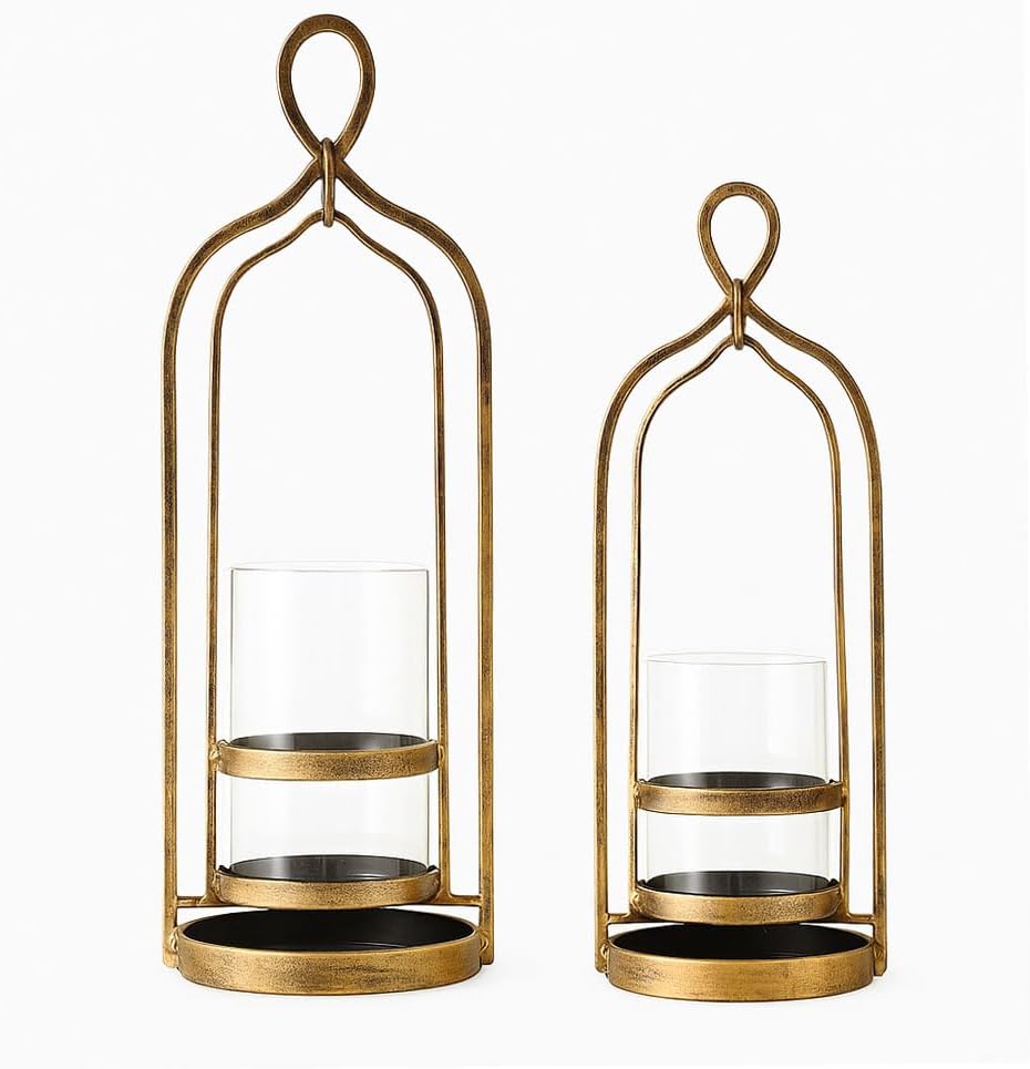 Glass Hurricane Candle Holders, Pillar Candle Holders, Metal Windproof Lantern for Industrial, Modern Farmhouse, Traditional & Vintage Home Decor, Wedding, Party, Antique Gold