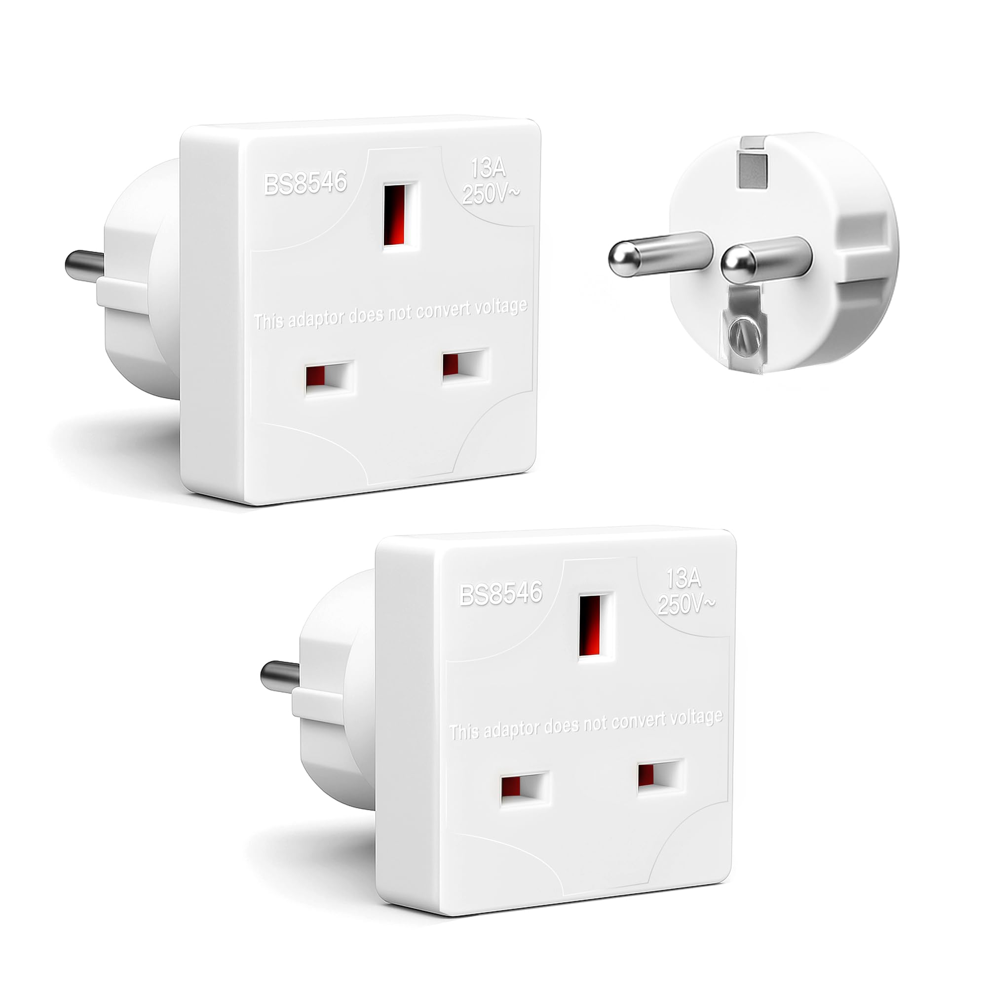 Desiretech - EU Travel Adaptor - 2 Pack - UK 3 Pin to EU 2 Pin Plug - 16A, 250V - Compact & Portable - CE Certified, Safe, Heat-Resistant - Travel Accessory for European Trips - White