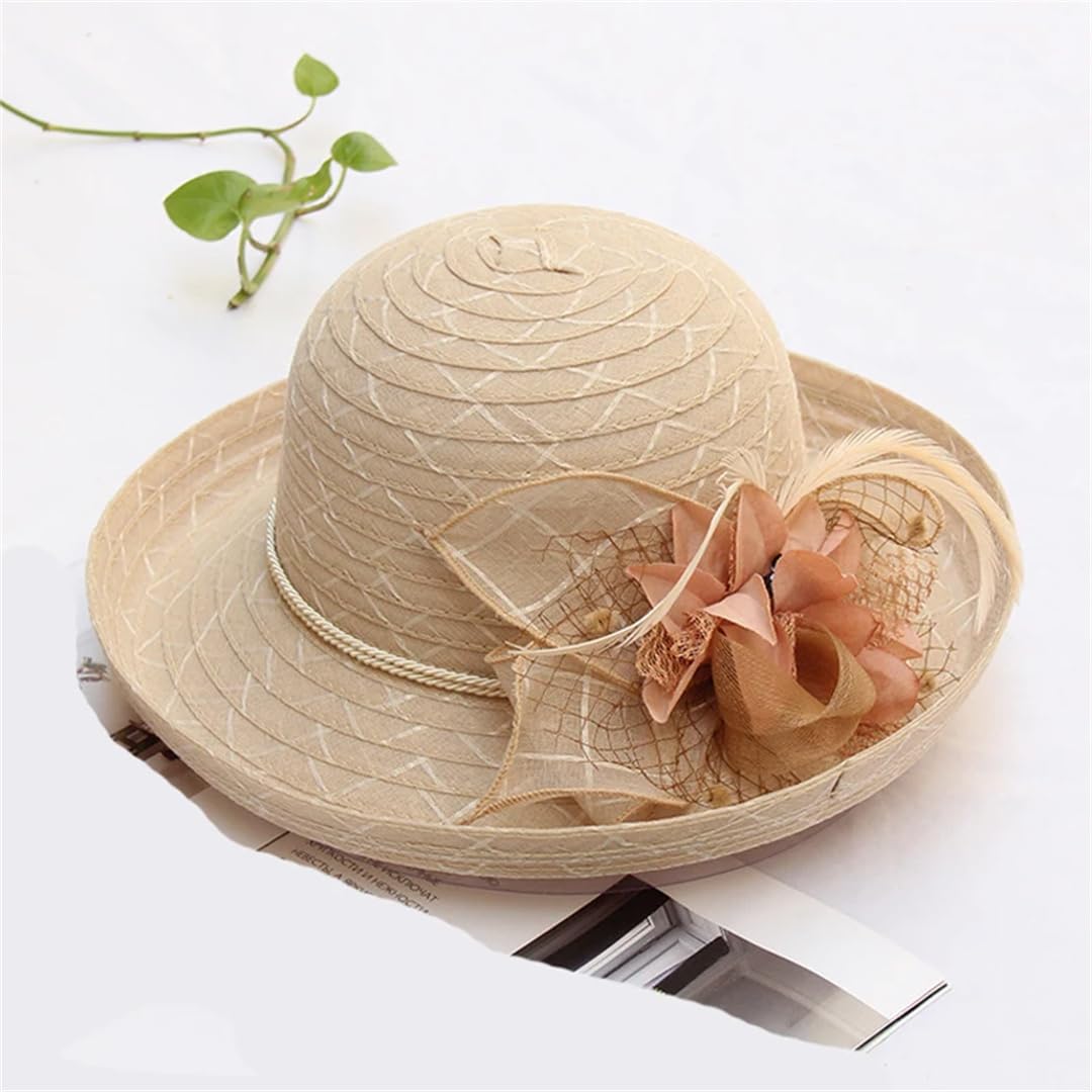 Yeuyyben Cappello da donna estivo elegante cappello da sole con fiore Fedora cappello da festa matrimonio chiesa cappelli cloche cappello a tesa larga spiaggia Cap
