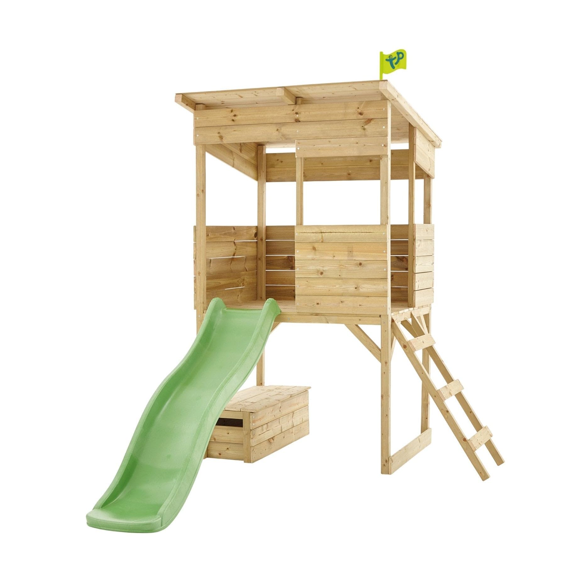 TP Toys Treetops Wooden Tower Playhouse With Toy Box And Slide - Fsc With Ladder,Slide and Lookout Deck, Made From FSC Certified European Wood, Outdoor Wendy House, Garden Playhouse for Kids, 3 Years+