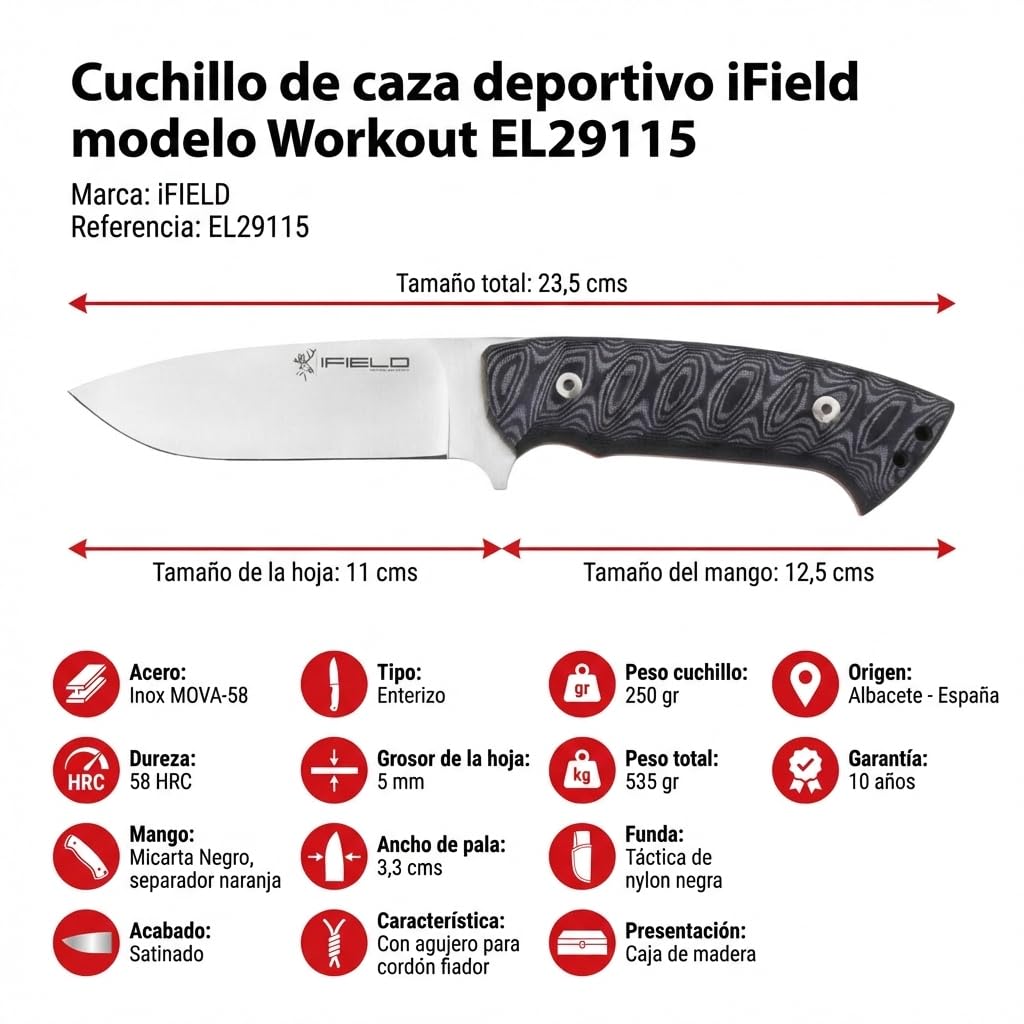 iFIELD EL29115 Multifunzionale escursioni, caccia e sopravvivenza coltello per l'esterno, manico nero Micarta con acciaio inox MOVA-58, fatto in Albacete (Spagna)