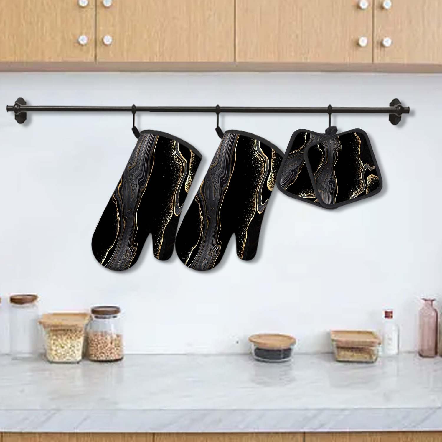 MCALK Juego de 5 guantes de horno negros y soportes para ollas, guantes de horno de mármol y almohadillas calientes para cocinar en la cocina, el manopla de horno de arte moderno es funcional y