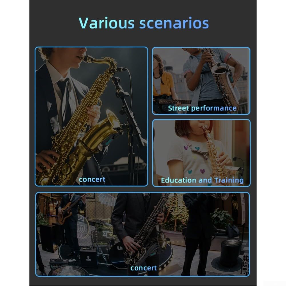 Sistema microfono per sassofono senza fili con audio HD 48 K/16 bit, portata 40 m e latenza 12 ms, microfono clip on ricaricabile per sassofono e tromba