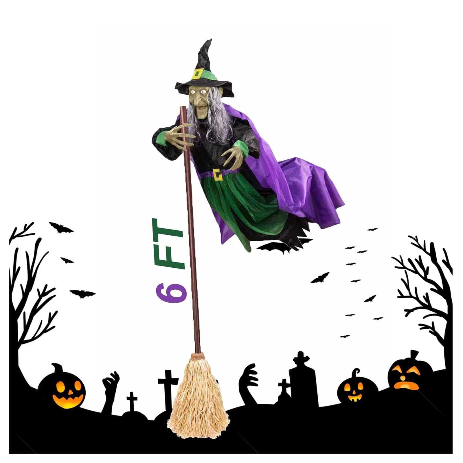 Hinnvcl Blue/Green/Purple Halloween Decorations Outdoor, 6 Ft Animated Hovering Witch Animatronics, Witch Halloween Decorations, Animatronics Halloween Props With Eyes Lights, Scary Props House Decor For Garden Yard