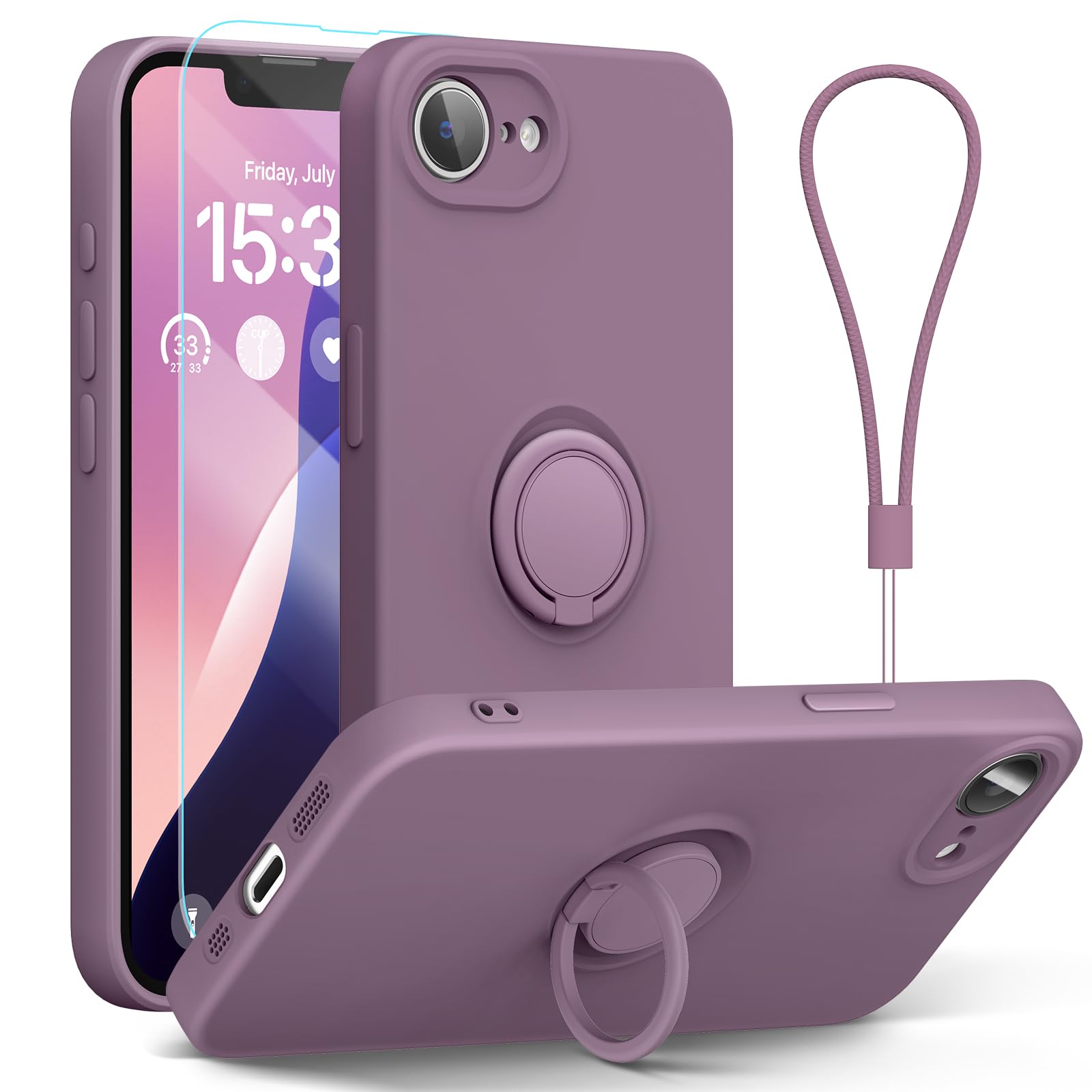 ABITKU for iPhone 16e Case 6.1'', Ring Stand Silicone Slim Design (with Wrist Strap), Magnetic Car Mount Case Cover Compatible with iPhone 16e (Lilac Purple)