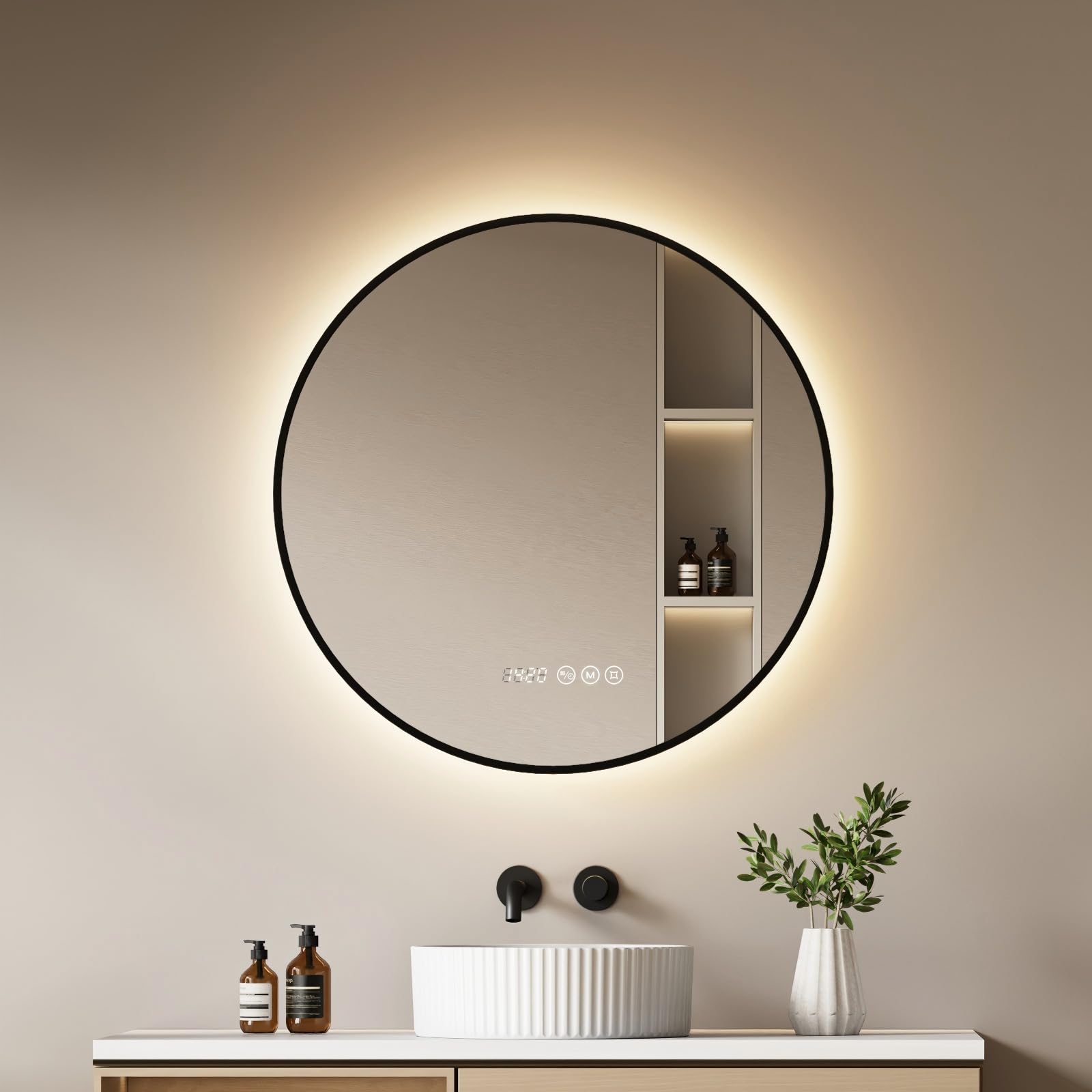 EMKE Badspiegel mit Beleuchtung Rund 80cm, Schwarzer, 3 Lichtfarben